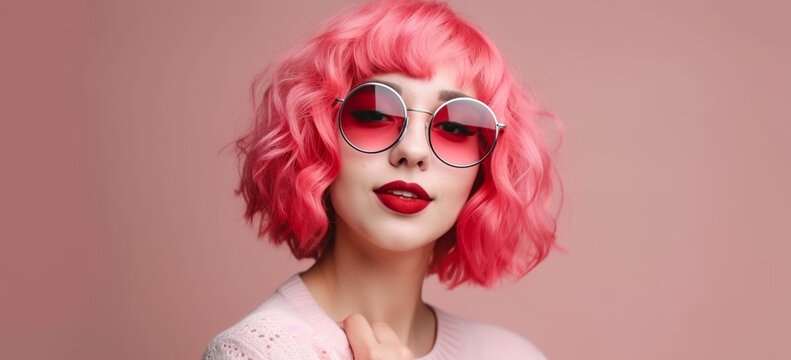 Image Generated AI. Trendy girl wearing pink wig and sunglasses, Generative AI