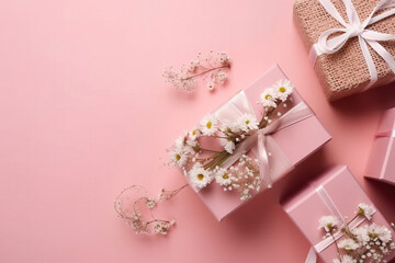gift box with pink flowers, pink background, top View, copy Space valentine, 