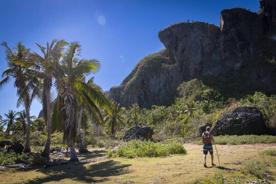 Man hiking (from behind) with backpack in Carribean mountain setting