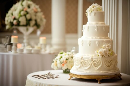 Traditional White Tiered Cake With Floral Accents Wedding Cake On A Table In A Decorated Room. Generative AI
