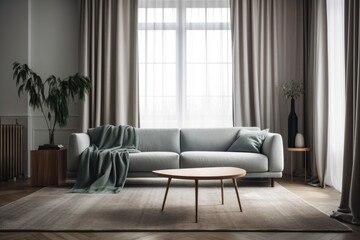 Blurred backdrop, exquisite living room front view, wallpaper, carpet, and fabric couch. Classic minimalism,. Generative AI