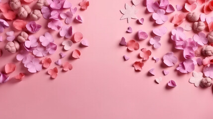 Fototapeta premium pink cherry blossom, pink background, top View, copy Space valentine, 