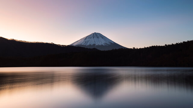 Mount Fuji at sunrise from lake Saiko, Yamanashi Prefecture, Japan