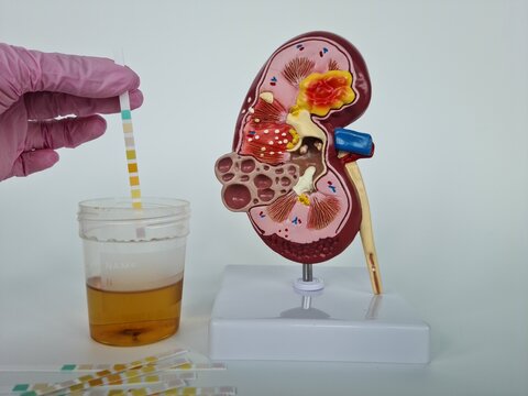 Urologist doctor makes express analysis of urine using indicator paper closeup
