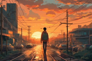 The back of a boy walking in the sunset on a city street. Generative AI.