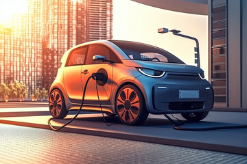 Fototapeta premium electric vehicle at a charging station in the city. All items in the scene are 3D, charging station and concept cars are not based on any real ones
