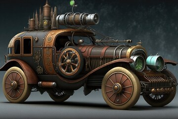 Plakat Steampunk Car. Generative AI