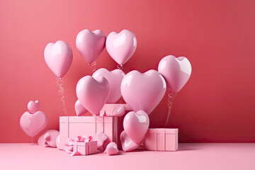Fototapeta na wymiar balloon heart shape in pink studio with gift boxes