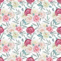 Seamless floral pattern with watercolor white and pink roses