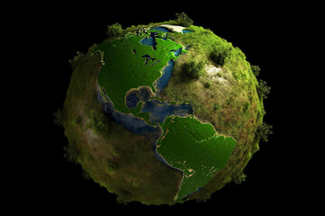Conceptual green Earth with grass and trees. World map derived from NASA - obrazy, fototapety, plakaty