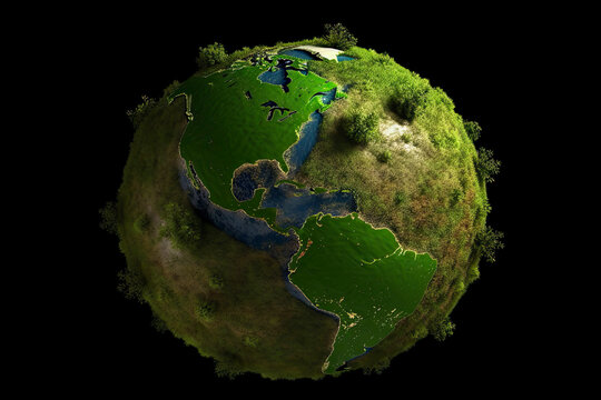 Conceptual green Earth with grass and trees. World map derived from NASA
