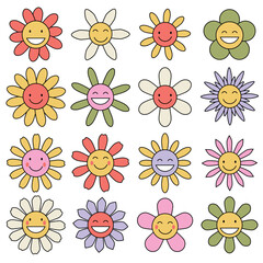 Groovy flower cartoon characters. Funny happy daisy with eyes and smile. Daisy flowers with cartoon funny smiling faces, chamomile characters. Cute camomile happy emotion. Kids logo design with daisie