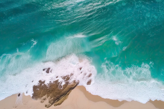 drone view of beach with waves and turquoise water