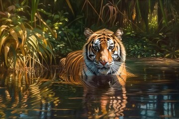 Tiger in water. Generative AI.