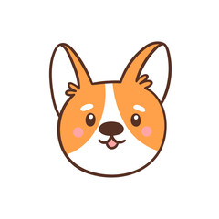 Cute corgi dog face. Funny canine animal muzzle. Welsh corgi head. Vector illustration isolated on white background.