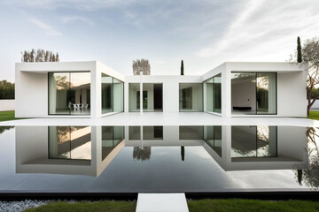 Luxurious modern house with minimalist contemporary exterior architecture with swimming pool. Generative ai illustration