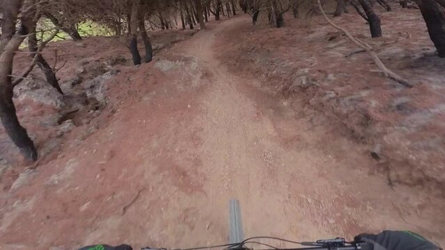 exhilarating mountain bike riders view during steep off-road decent