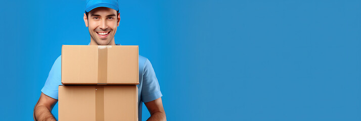 Delivery man holding cardboard boxes isolated on blue background. Courier service Delivery banner. Space for text. Created with generative ai - obrazy, fototapety, plakaty