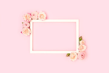 Border frame made of rose flowers on a pink background. Festive floral concept.