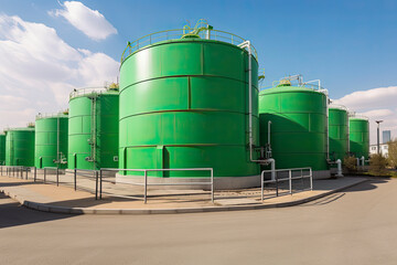 Obraz premium Green Hydrogen renewable energy production facility - green hydrogen gas for clean electricity solar and windturbine facility