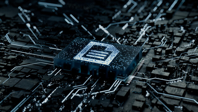 Word document Technology Concept with document symbol on a Microchip. Data flows from the CPU across a Futuristic Motherboard. 3D render.