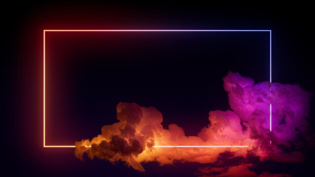 Cyberpunk Background Design. Cloud Formation with Pink and Yellow, Rectangle shaped Neon Frame.
