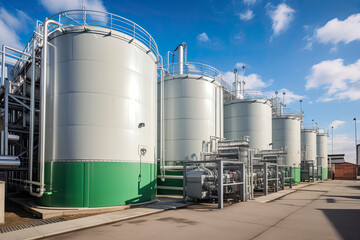 Obraz premium Green Hydrogen renewable energy production facility - green hydrogen gas for clean electricity solar and windturbine facility