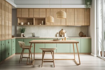 Green pastel counter and cabinet in modern Japanese mock up room. Kitchen chair and twigs. Excellent. Generative AI