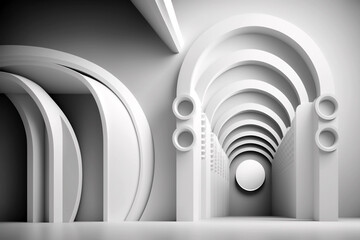 White abstract arcade interior, intricate architecture and structures that create a maze of corridors. Generative ai illustration