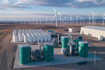 Green Hydrogen renewable energy production facility - green hydrogen gas for clean electricity solar and windturbine facility