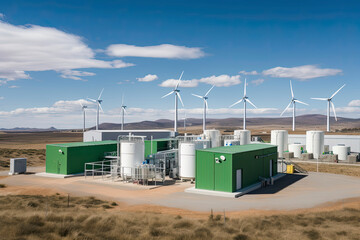 Green Hydrogen renewable energy production facility - green hydrogen gas for clean electricity solar and windturbine facility - obrazy, fototapety, plakaty