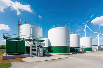 Obraz premium Green Hydrogen renewable energy production facility - green hydrogen gas for clean electricity solar and windturbine facility
