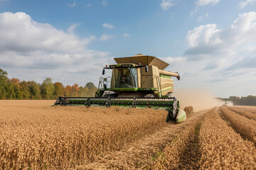 Harvesting of soybean field with combine.Generative AI - obrazy, fototapety, plakaty