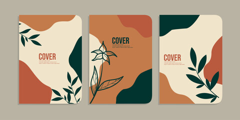 set of book cover designs with hand drawn foliage decorations. abstract retro botanical background. size A4 For notebooks, diaries, planners, brochures, books, catalogs