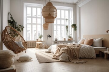 Big Light Minimalist Bedroom with Pastel Cream Colors with a Queen Bed, White Walls, a Wicker Laundry Basket, Wicker Chandeliers, Beige Bed Bench, Huge Window, Boho Hanging Chair, and. Generative AI