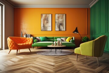 Modern colorful living room with orange couch and green coffee tables over fake wall, home design,. Generative AI