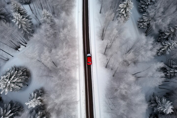 Red car driving on black asphalt road leading through snowcapped winter forest. Aerial view.Generative AI
