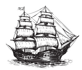 Ship sailboat old sketch hand drawn illustration