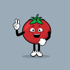 Cute tomato fruit character with peace hand expression vector
