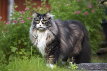 Naklejka na ściany i meble Standing in a garden is a female norwegian forest cat. Generative AI
