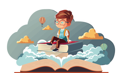 Naklejka premium Student Boy Character Sitting On Book Stack With Hot Air Balloons On Clouds Background.