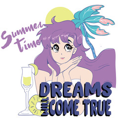 summer poster, anime girl illustration, vector graphic design for t-shirt.