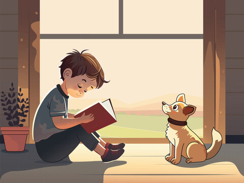 Cute Boy Character Reading A Book With Adorable Dog Sitting, Plant Vase On Window Background.