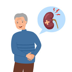 Fototapeta premium Senior man suffering from chronic kidney disease in flat design.