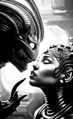 alien creature kiss a woman cyborg, artwork with engraving effect, generative ai illustration, these depiction is fictitious and generated