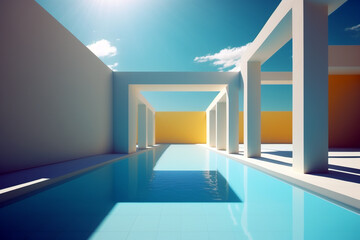 Relaxing swimming pool with contemporary architecture on sunny day. Genera