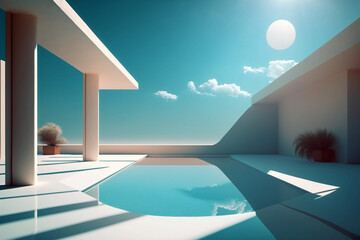 Fototapeta na wymiar Relaxing swimming pool with contemporary architecture on sunny day. Genera