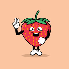 Cute strawberry fruit character with peace hand expression vector