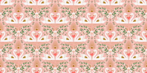 Pink swan bird pattern. Birds in love. Cute swan couple, flowers, heart love seamless background for romantic Valentines day, wedding design, floral textile. Vector illustration. Damask repeat print