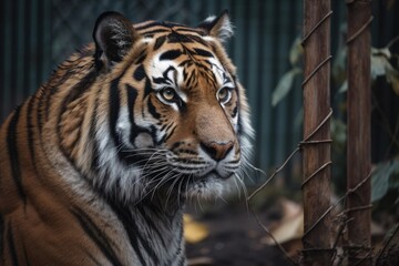 Big cat tiger kept in a cage in the zoo. Generative AI